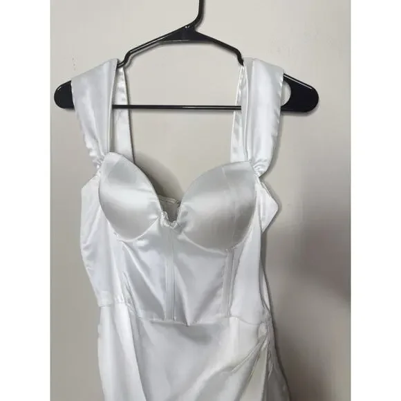 Miss Circle $185 Hedy Sz S White Satin Corset Mini Dress Ruch Mini Slit Silky - Picture 6 of 13